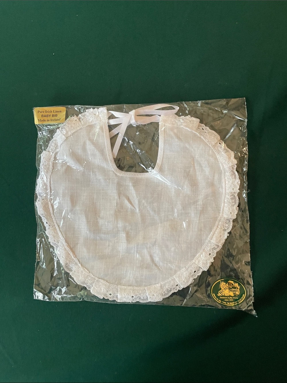 Pure Irish Linen White Baby Bib with Lace Trim